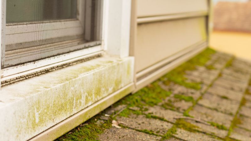 A close up of a window sill on a house with moss growing on it.