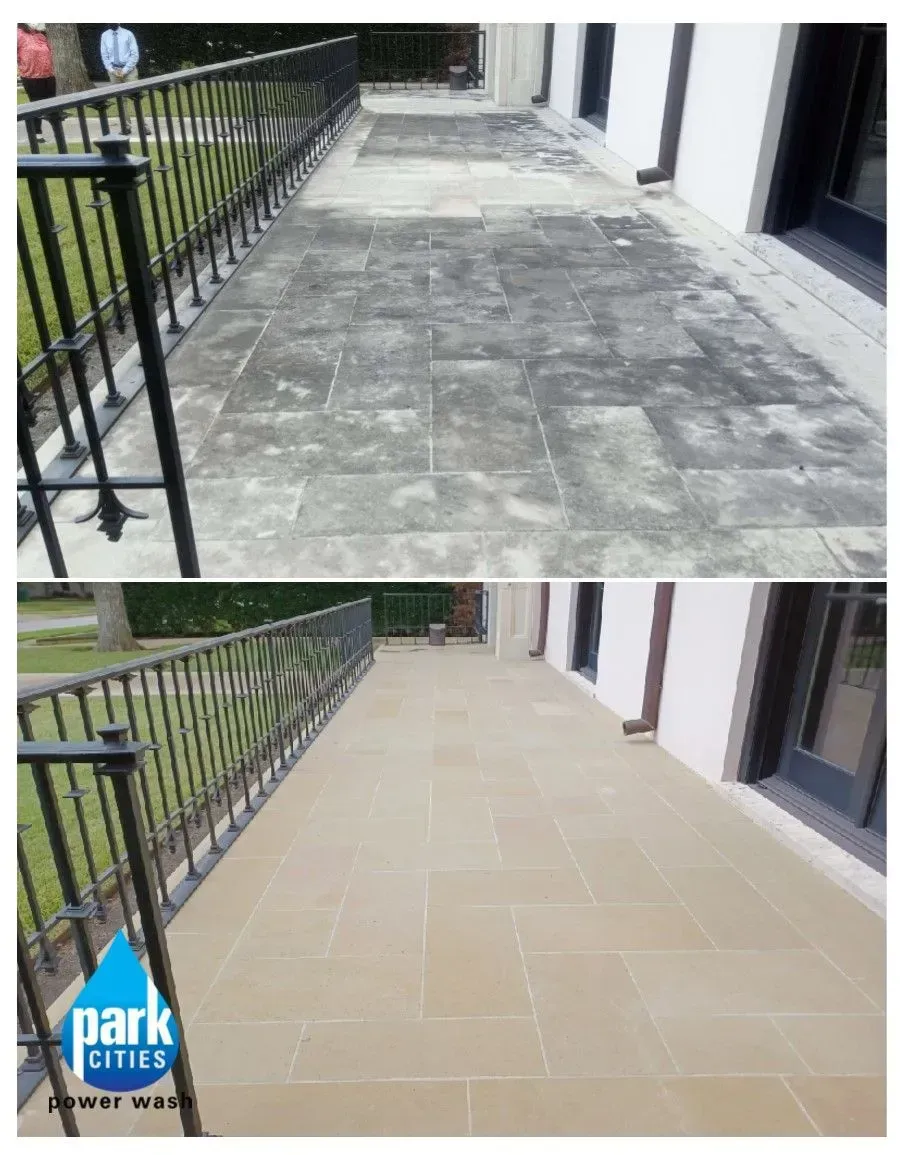 A before and after photo of a patio with a fence.