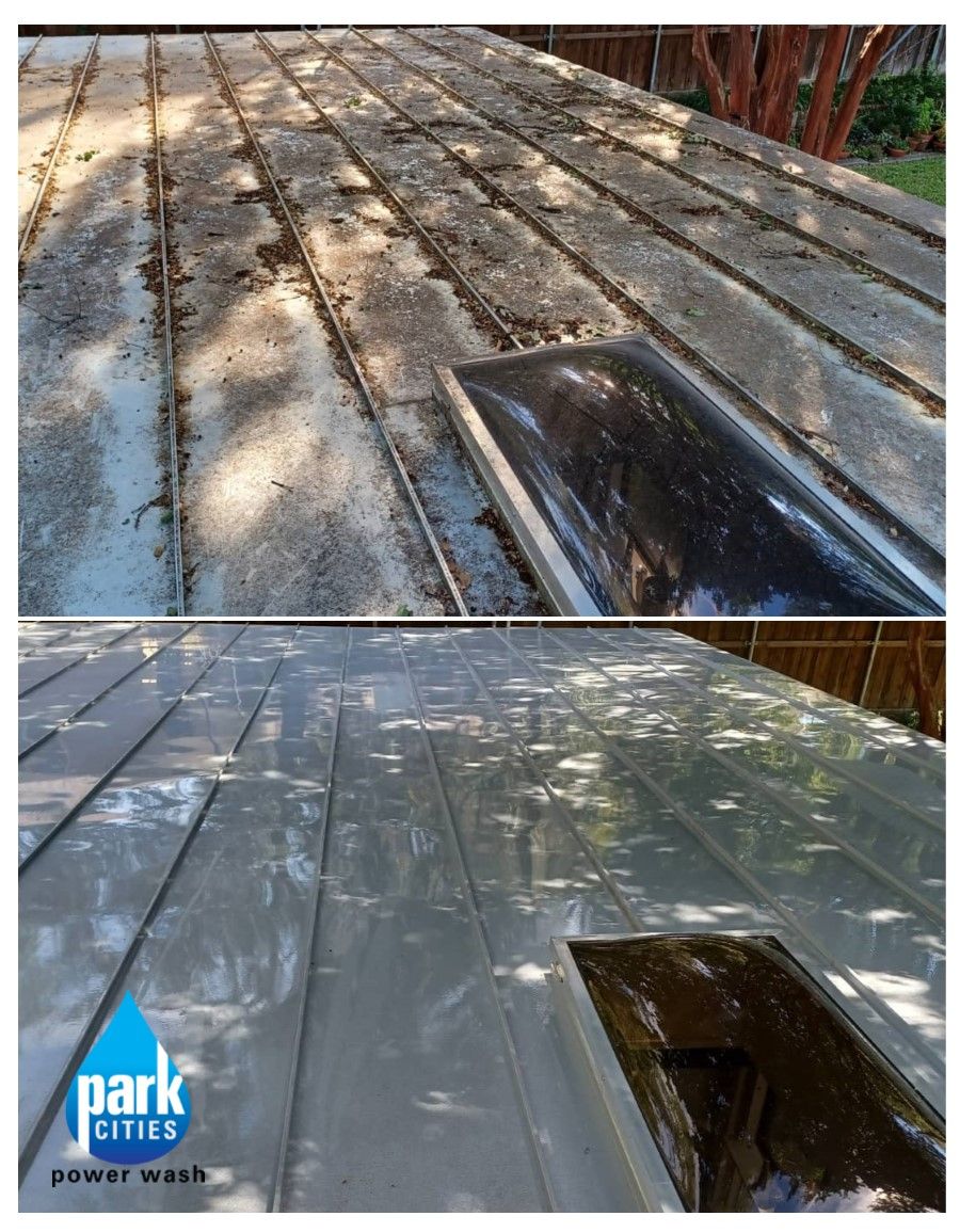Comparison of a dirty and clean metal roof with skylight. Before and after power washing.
