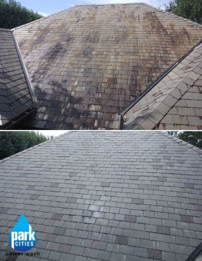 A before and after photo of a roof by park cities