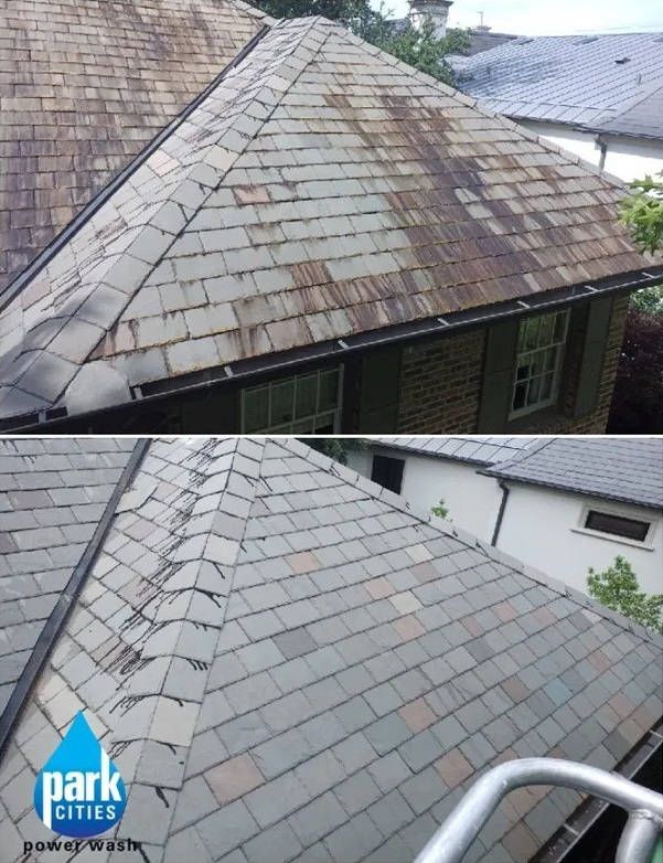 A picture of a roof before and after being cleaned by park cities