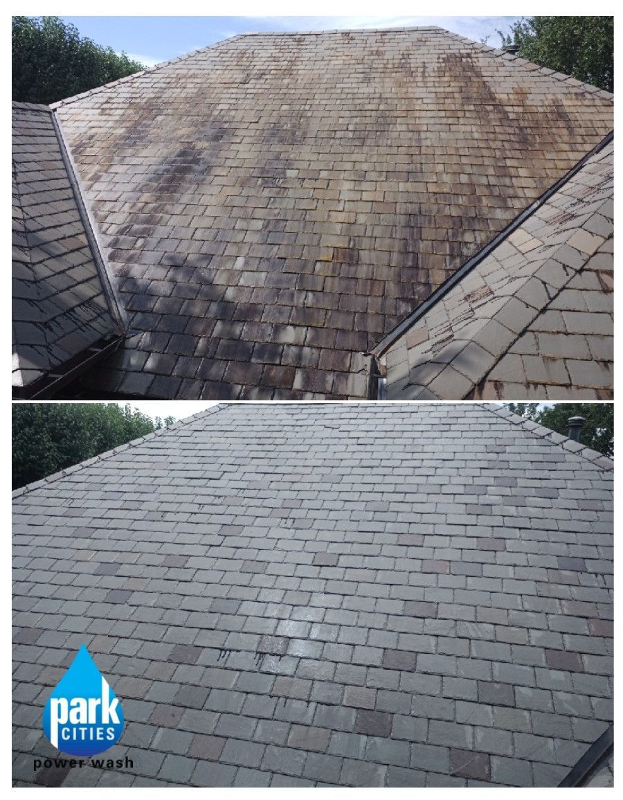 Comparison of a dirty and cleaned gray shingle roof.