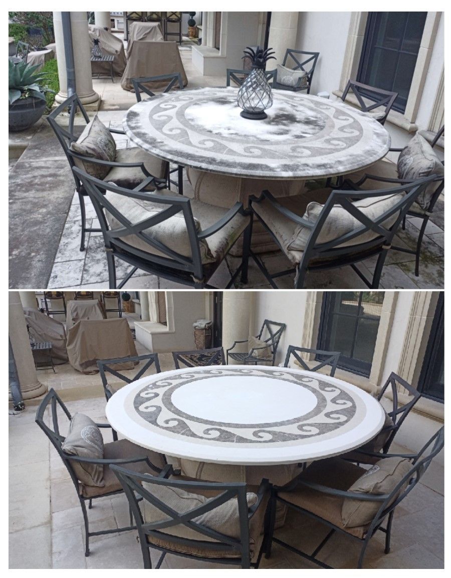Before and after of outdoor patio table and chairs; stone table with decorative inlay and metal chairs with cushions.