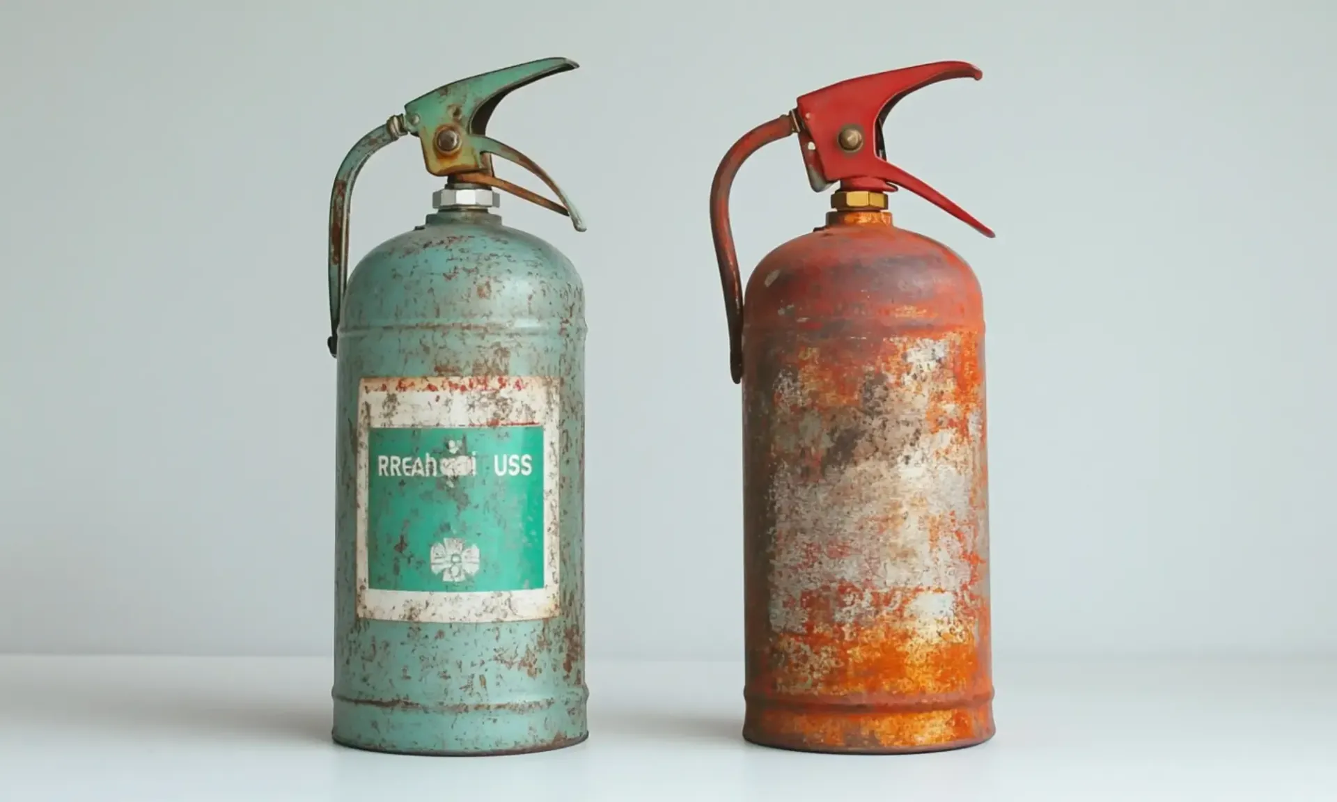 Used fire extinguisher placed safely on the ground outdoors, illustrating proper disposal procedures