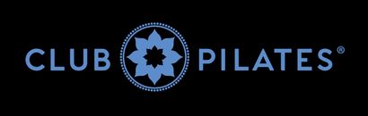 Club Pilates logo: blue text and floral emblem on black background.