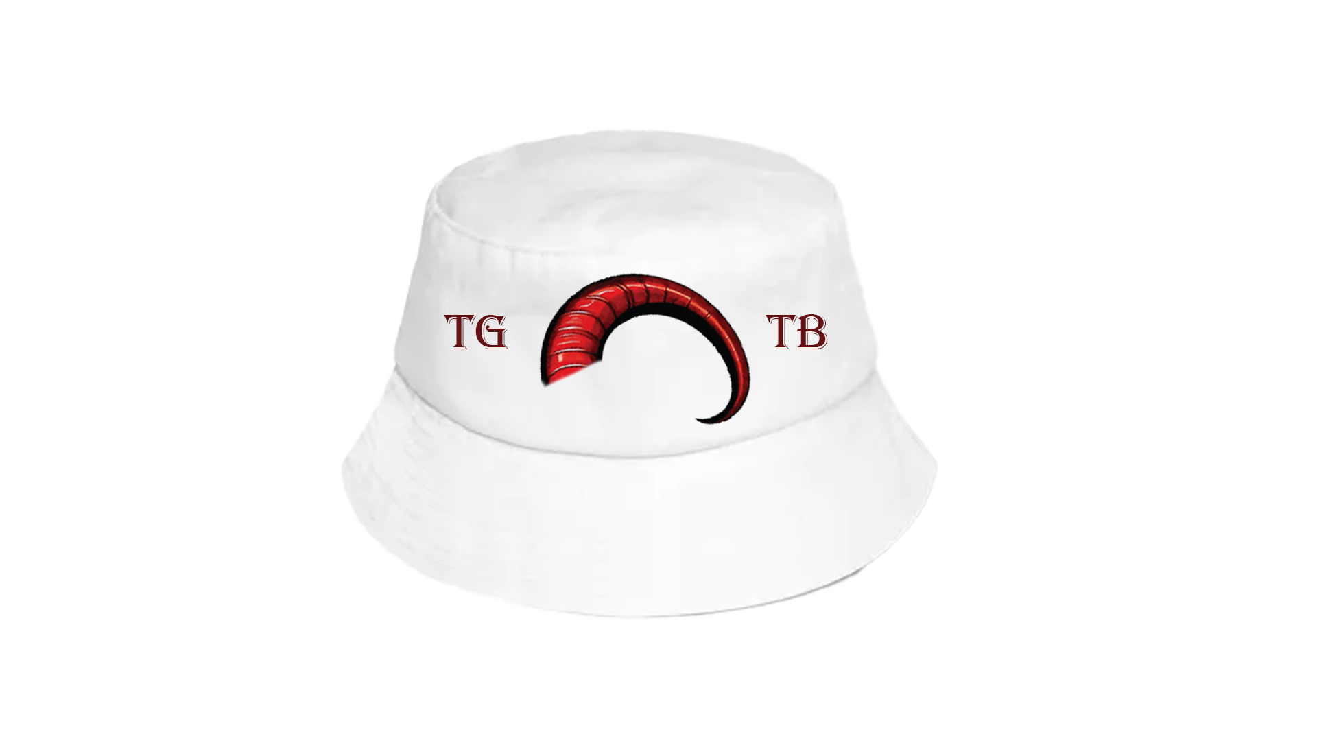 White bucket hat with a curved maroon horn design and the letters