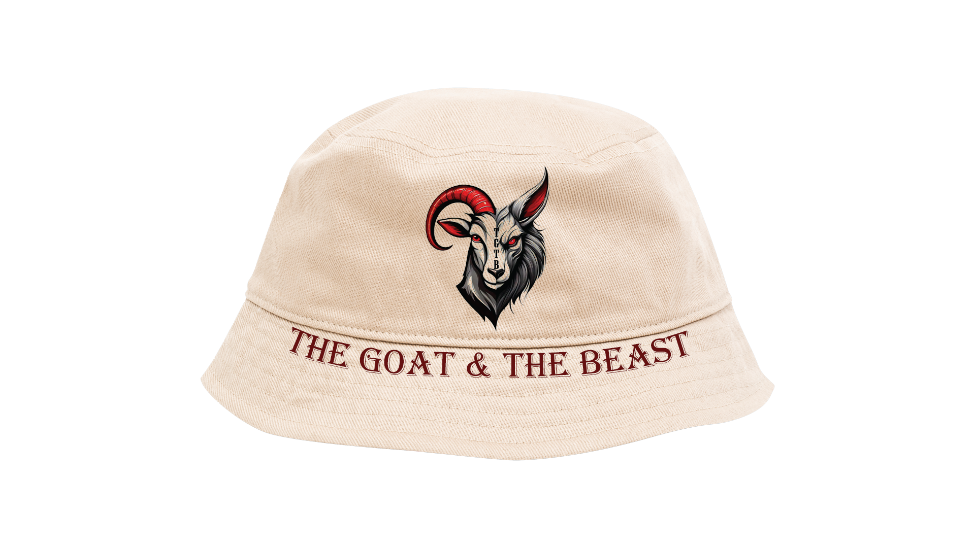 Beige bucket hat with goat head graphic and text