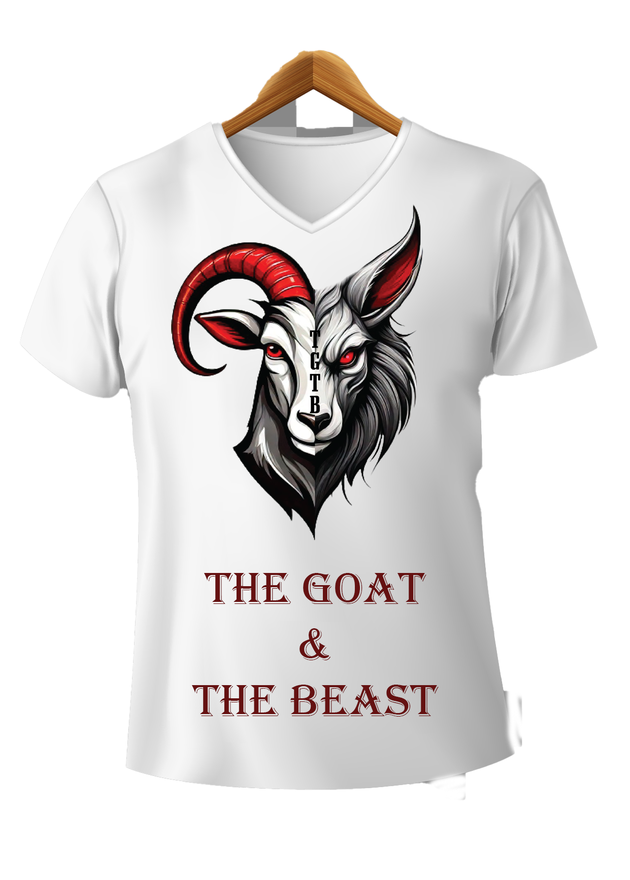 White v-neck t-shirt with a goat-beast illustration in red, white and grey. Text reads