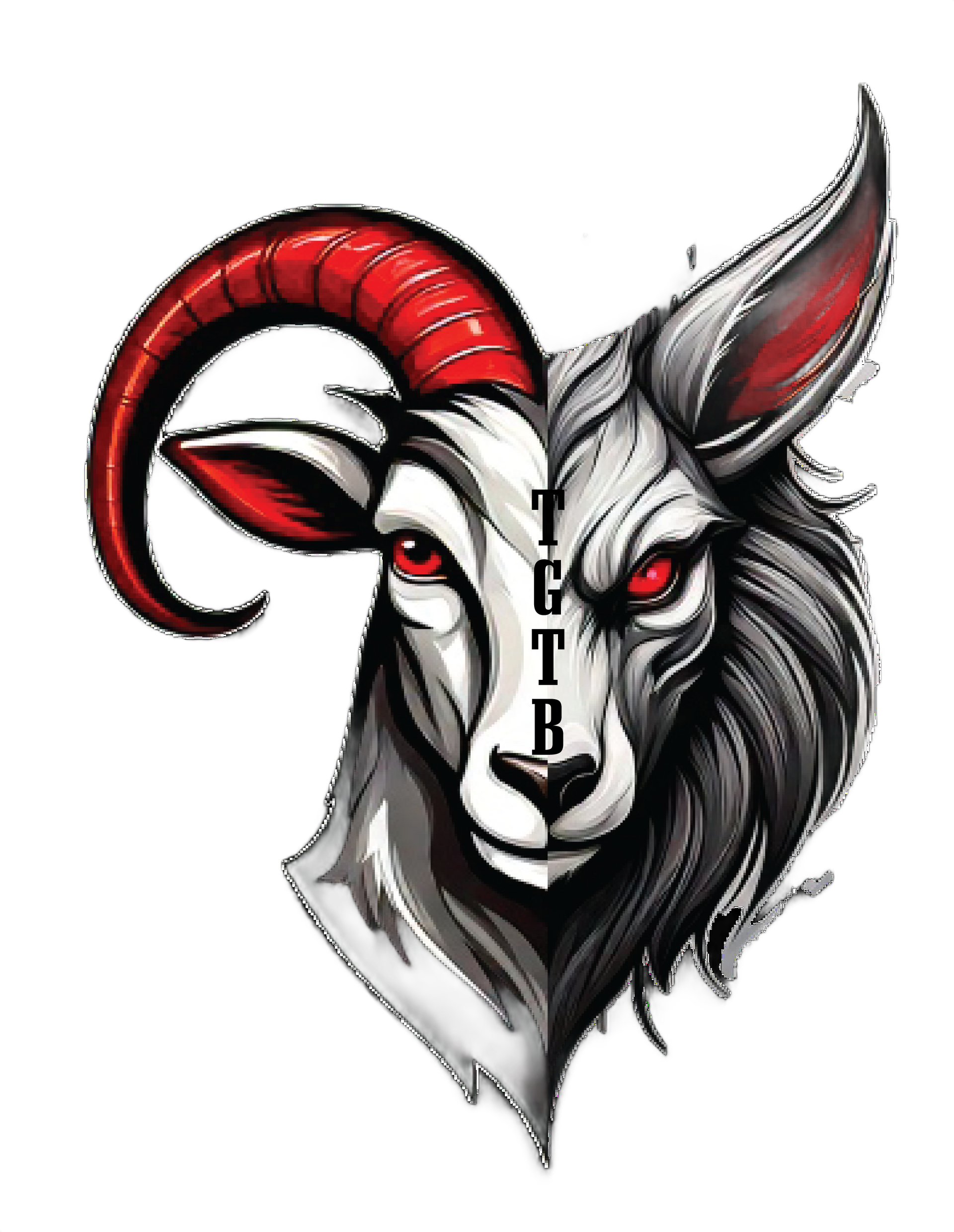 A two-faced ram/wolf head in white, red and gray, divided vertically, with the letters