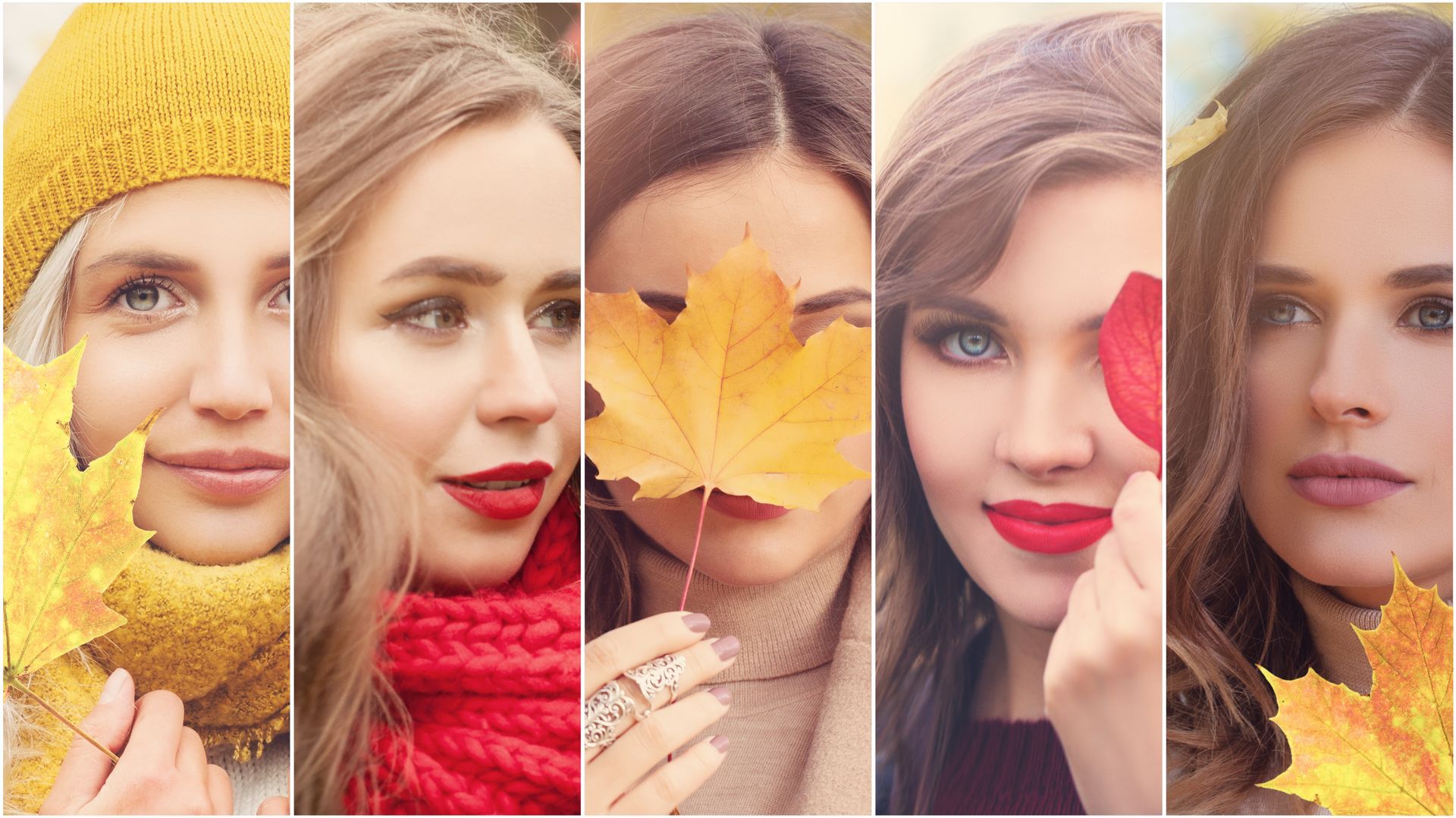 A collage of four women with healthy and well cared for skin holding Autumn leaves.