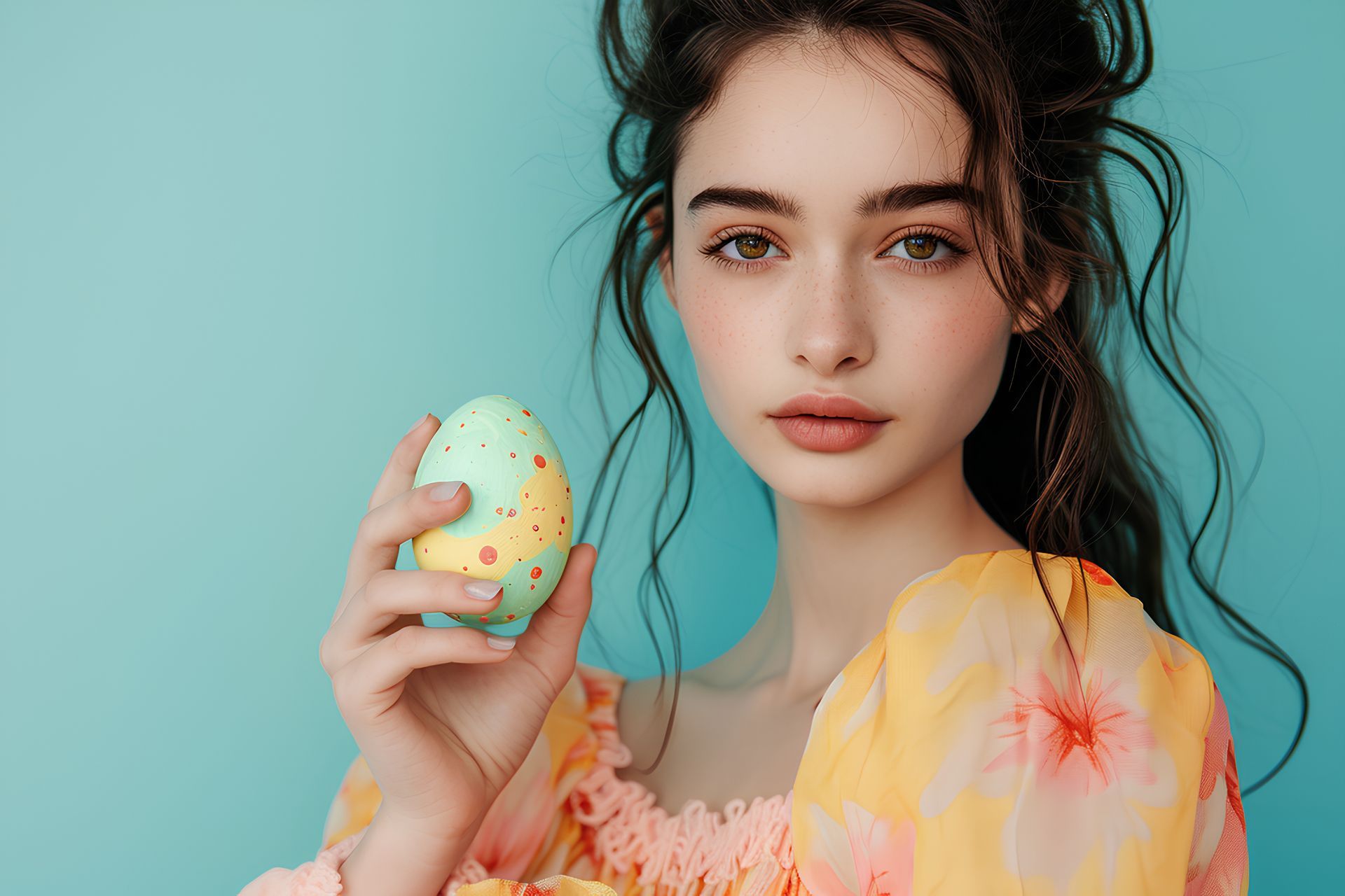 Beautifully girl with beautiful makeup holding a spring easter egg