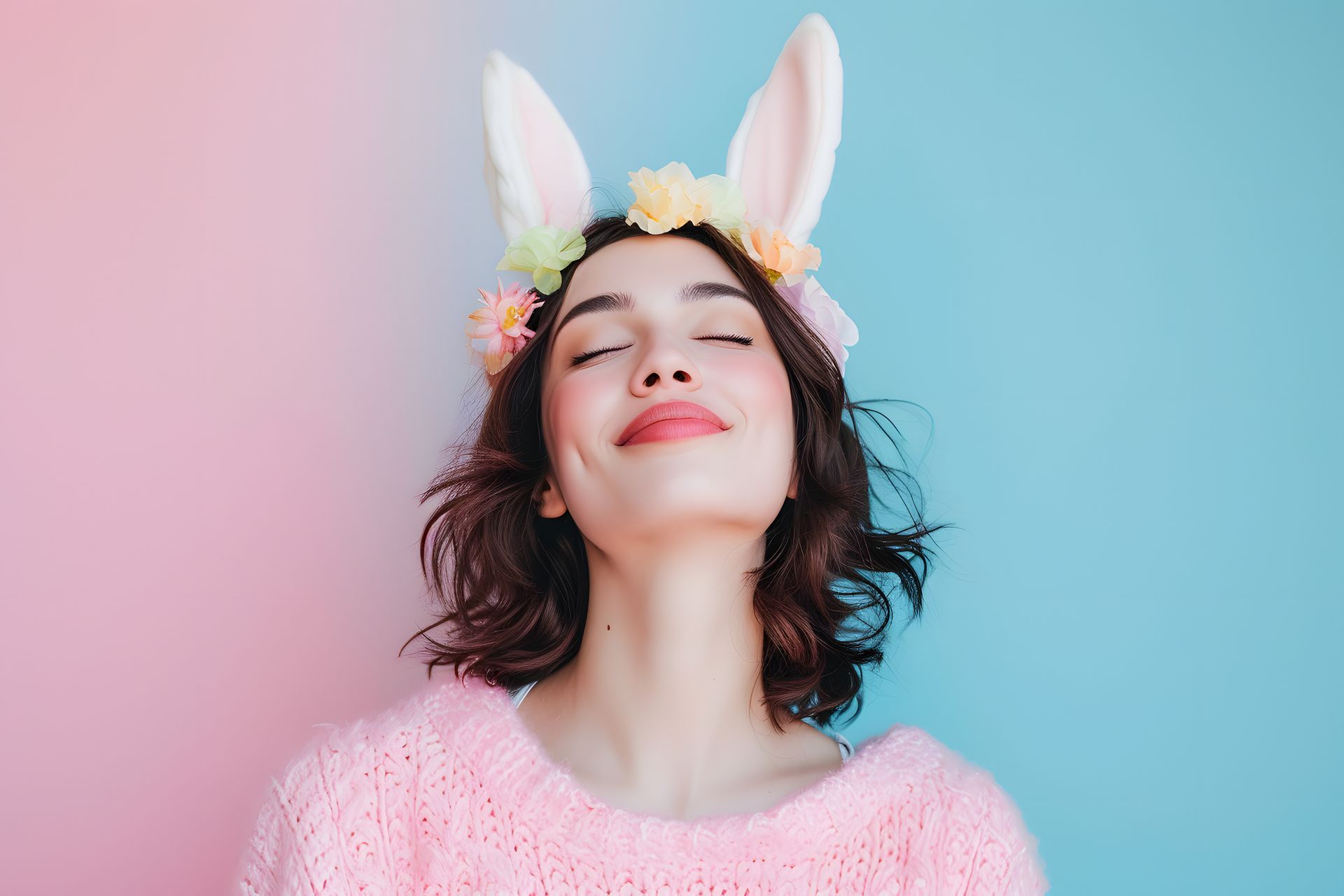 Beautiful young girl with flawless makeup wearing rabbit ears for Spring Easter Celebration