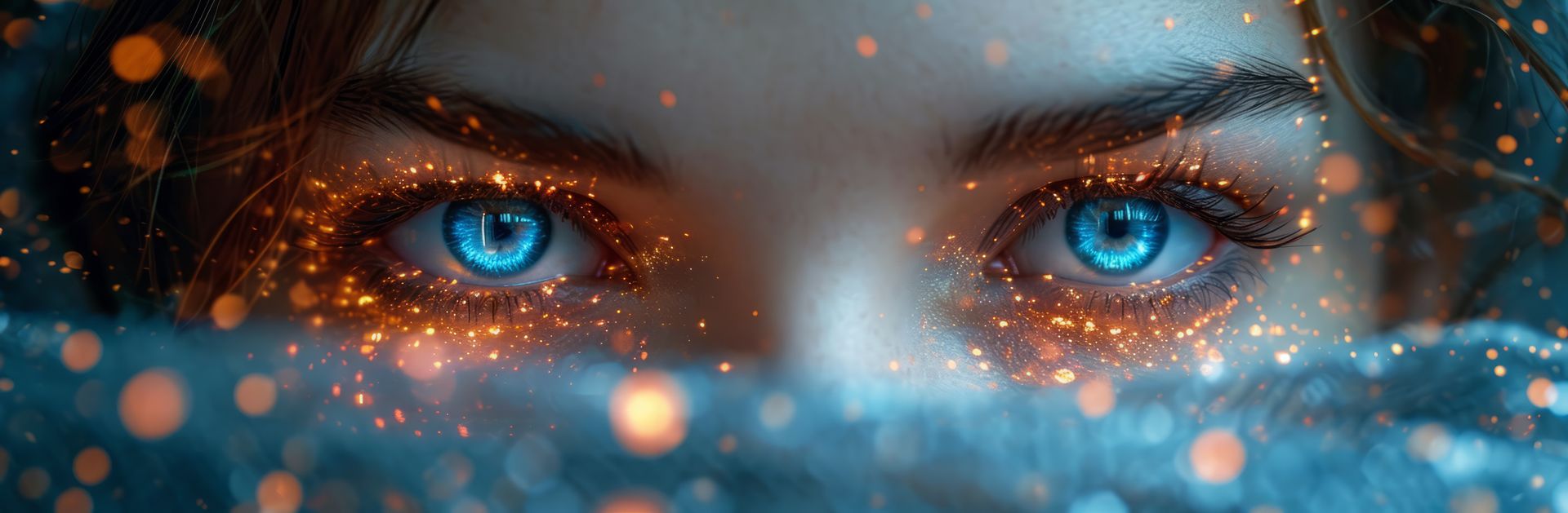 A close up of a woman's eyes and eyebrows with a mystical, futuristic aura 
