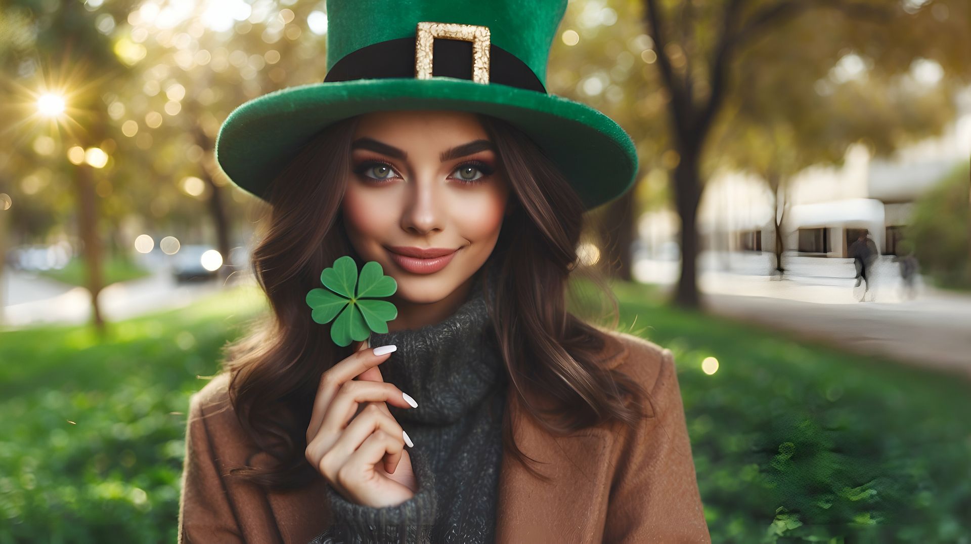 Irish redhead girl with beautiful eyes wearing St Patrick's Day Hat and holding a clover leaf