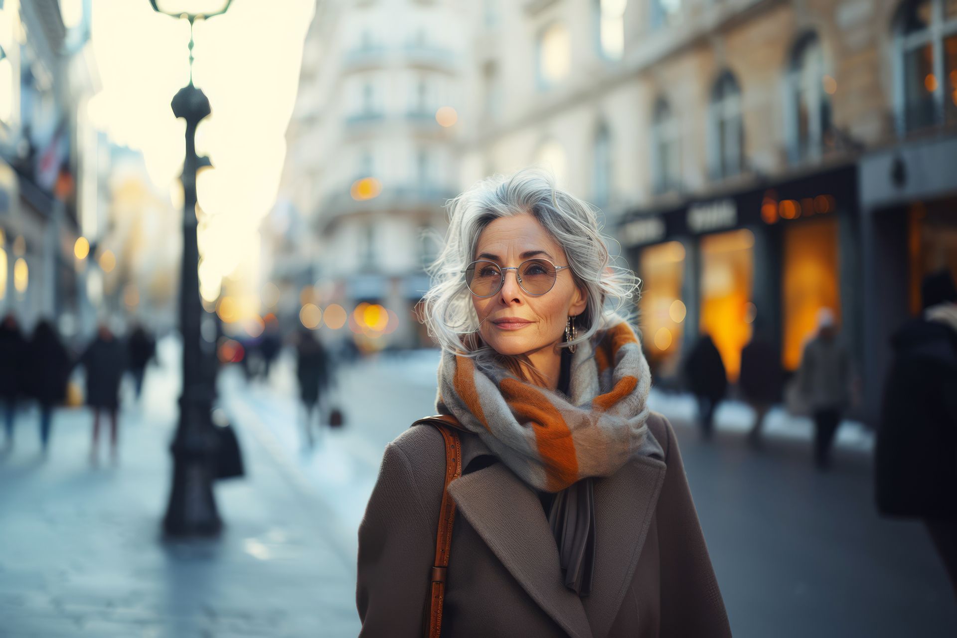 An elegant woman is dressed in an overcoat and scarf