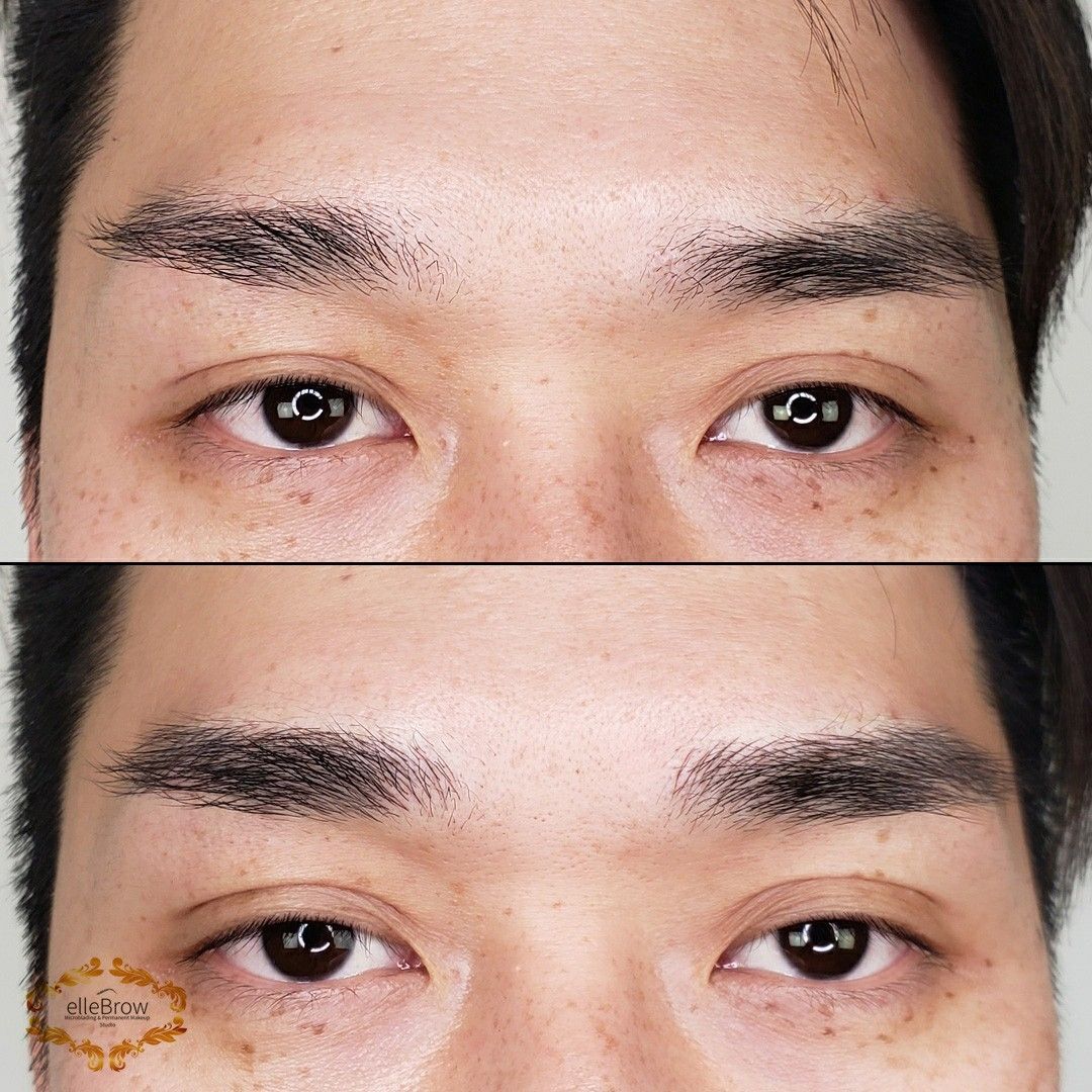 a before and after photo of a man 's eyebrows by ellebrow microblading