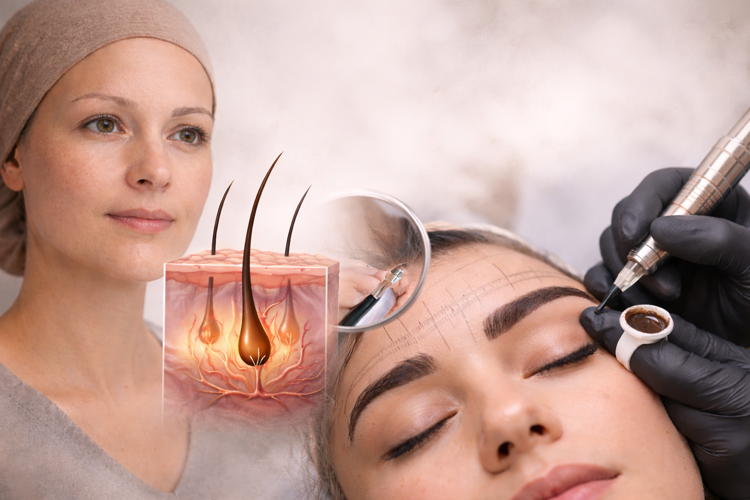 Woman with alopecia-related eyebrow loss beside an eyebrow permanent makeup procedure, illustrating cosmetic brow restoration and the question of hair regrowth