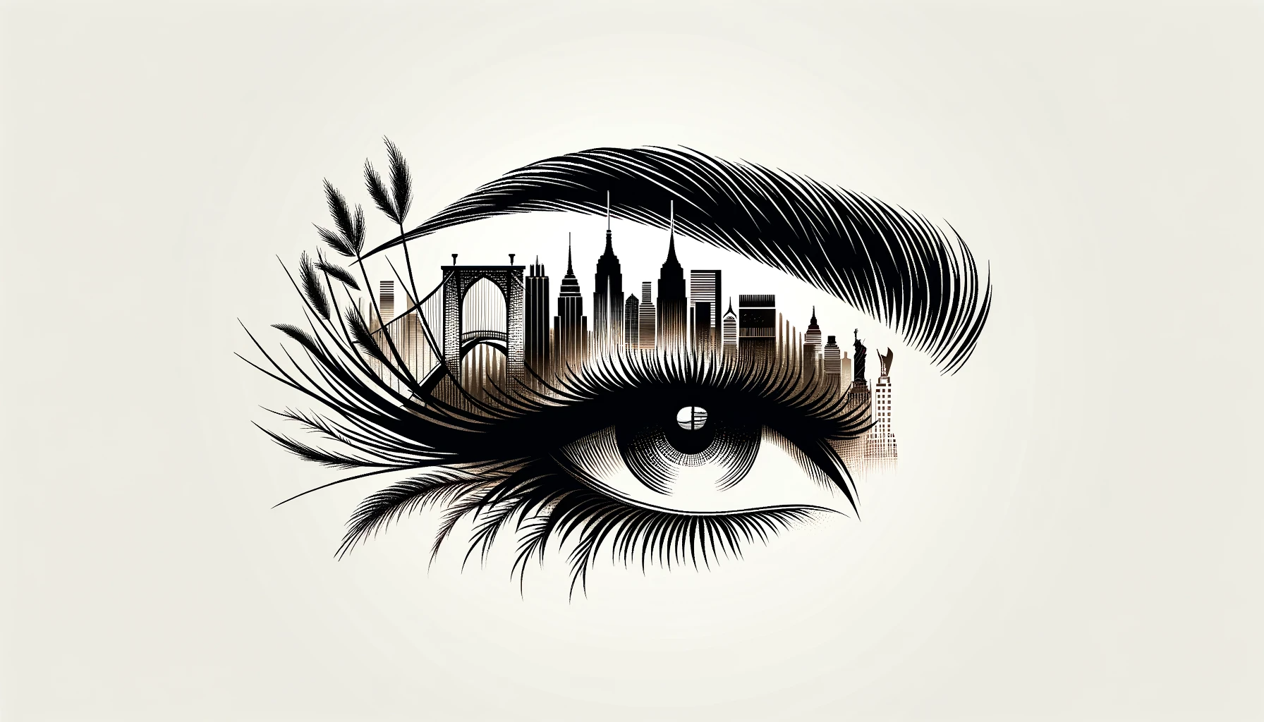 Graphic eye and brow design with New York City Skyline background