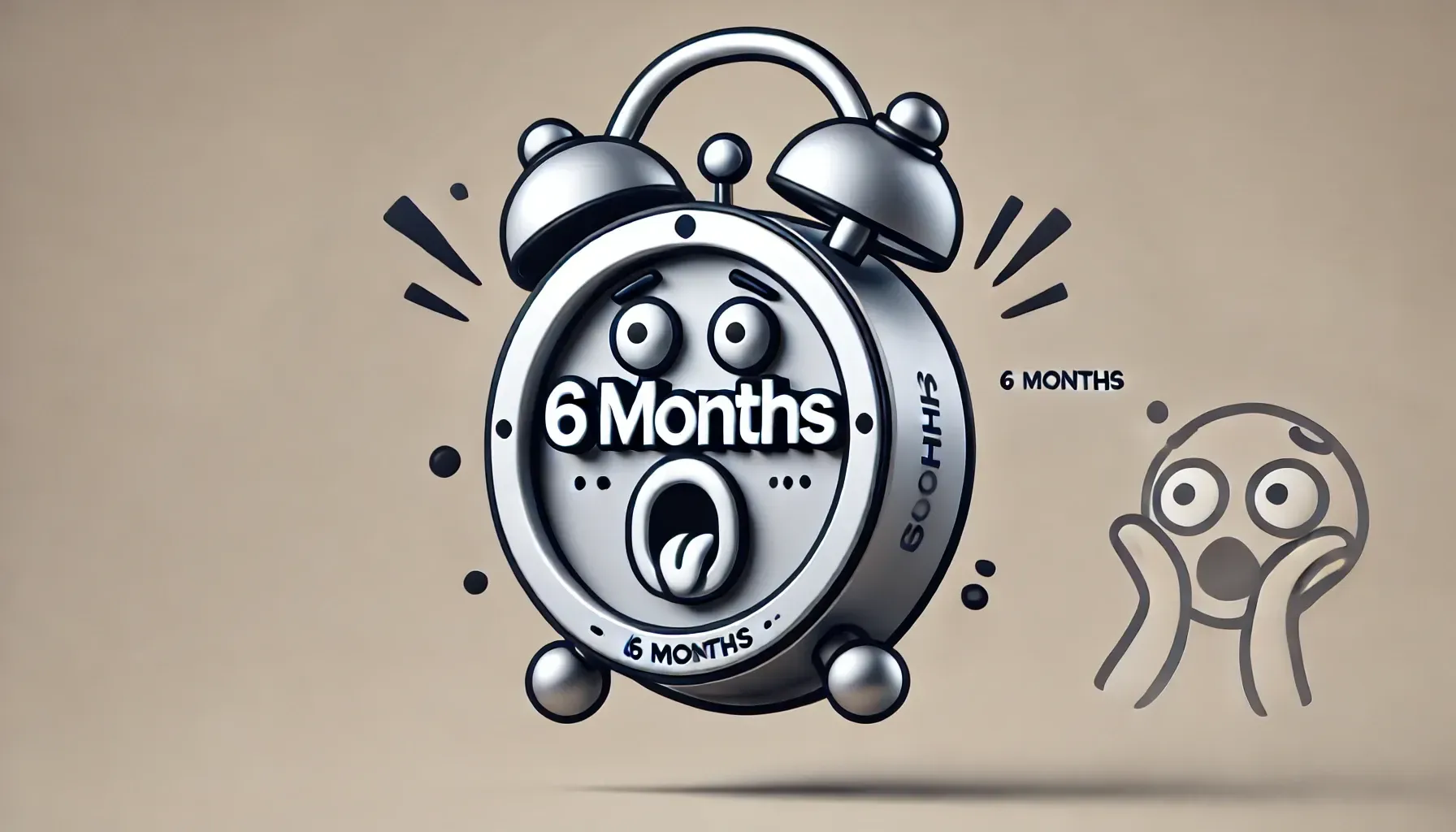 An alarm clock with the words 6 months on it