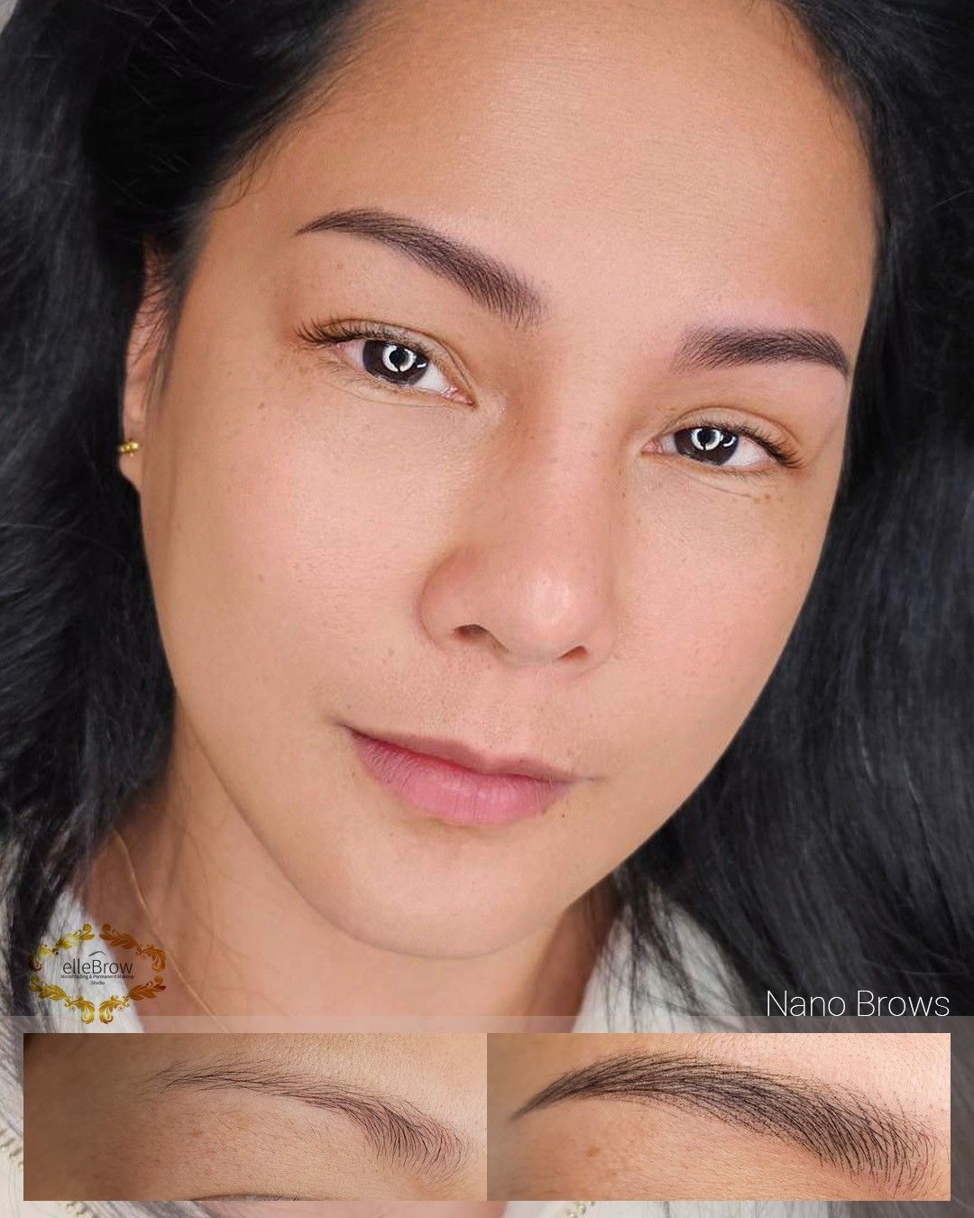 a before and after photo of a woman 's eyebrows - nano brows