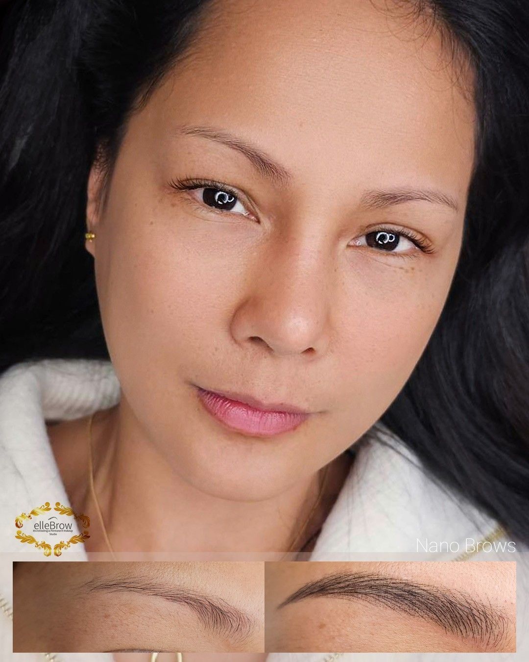 a before and after photo of a woman 's eyebrows - nano brows