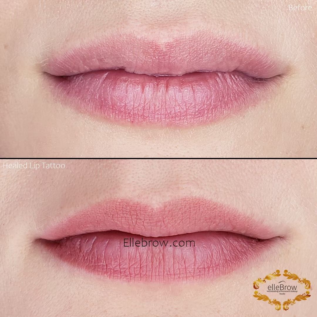 A before and after picture of a woman 's lips. Lip blushing.