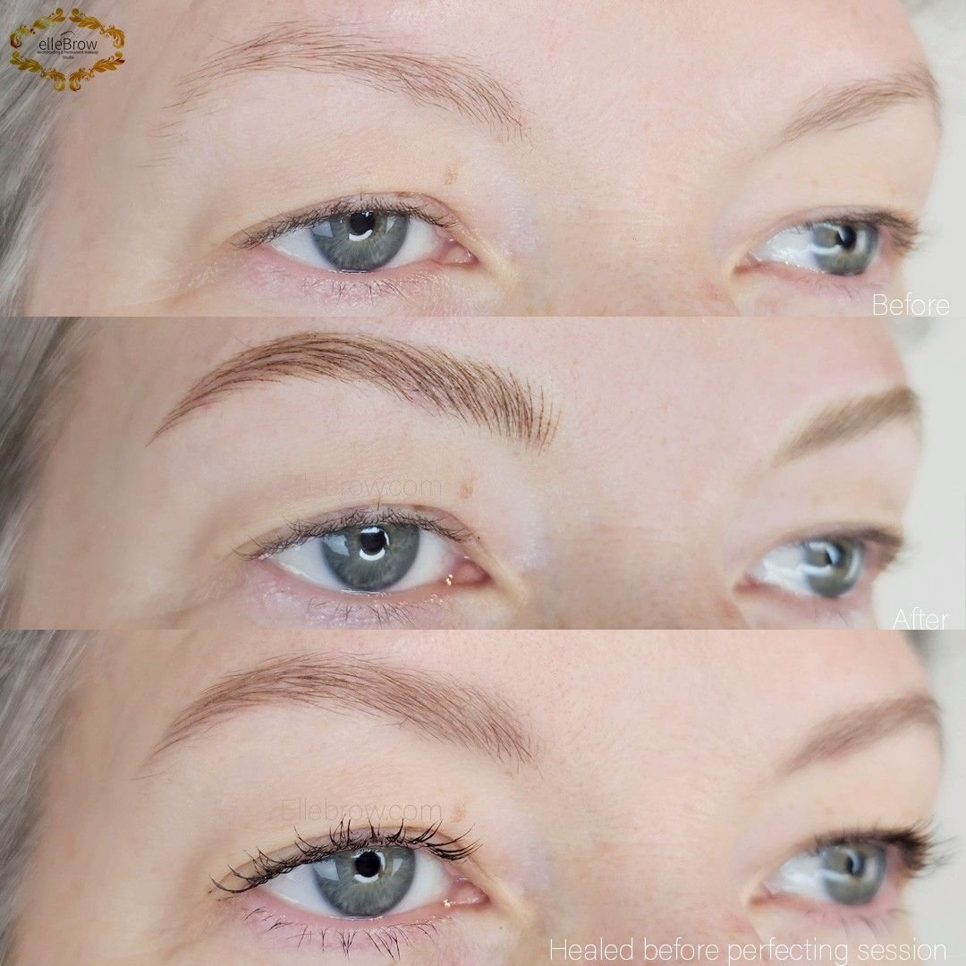 fair skin blonde nano brows - before, after and healed result