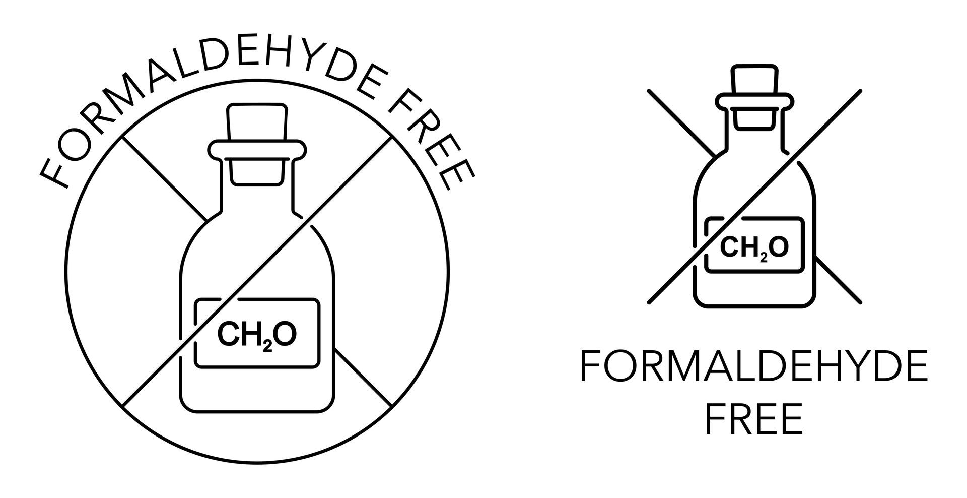 A bottle with a cross through it and the words `` formaldehyde free ''.