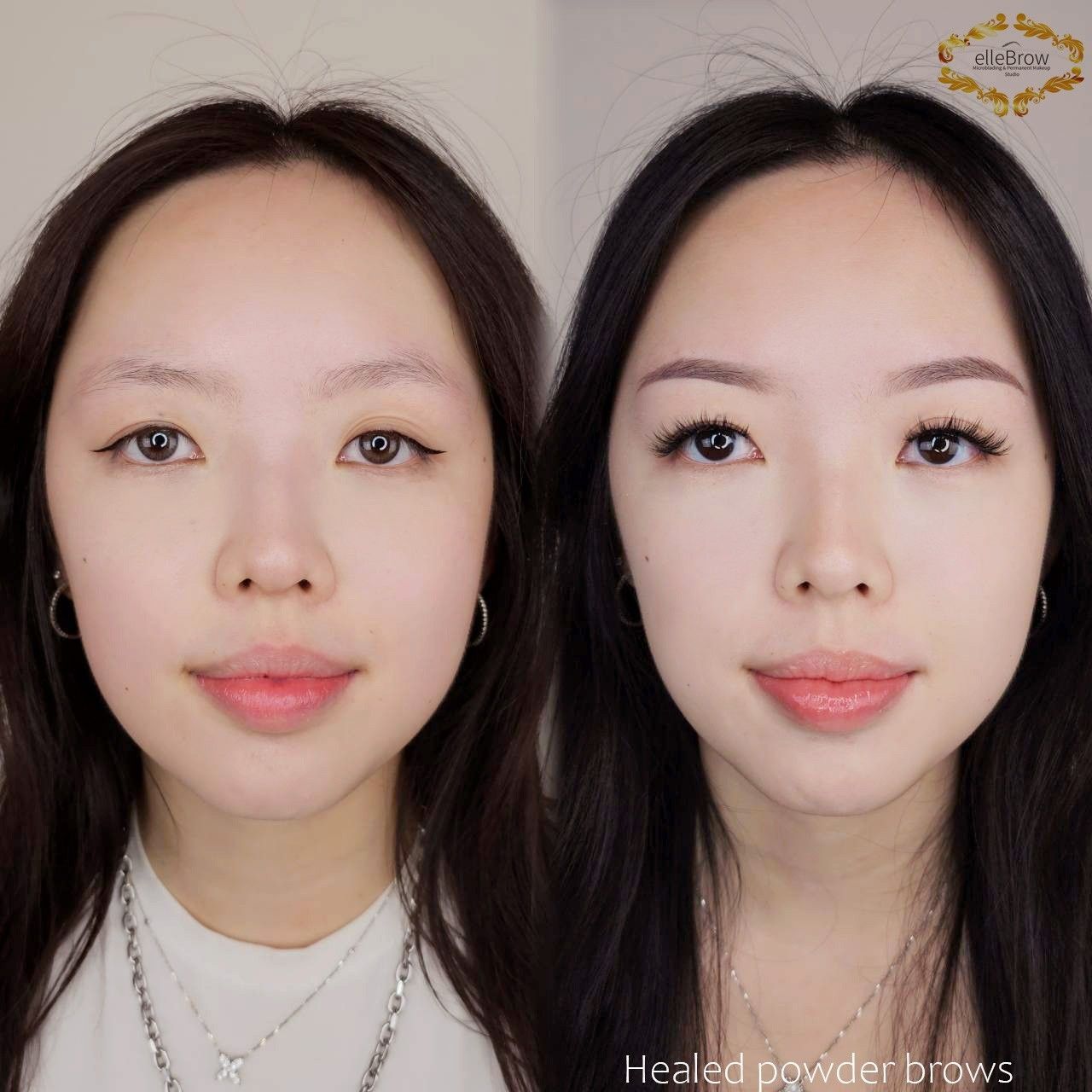 a before and after photo of an Asian woman with healed powder brows