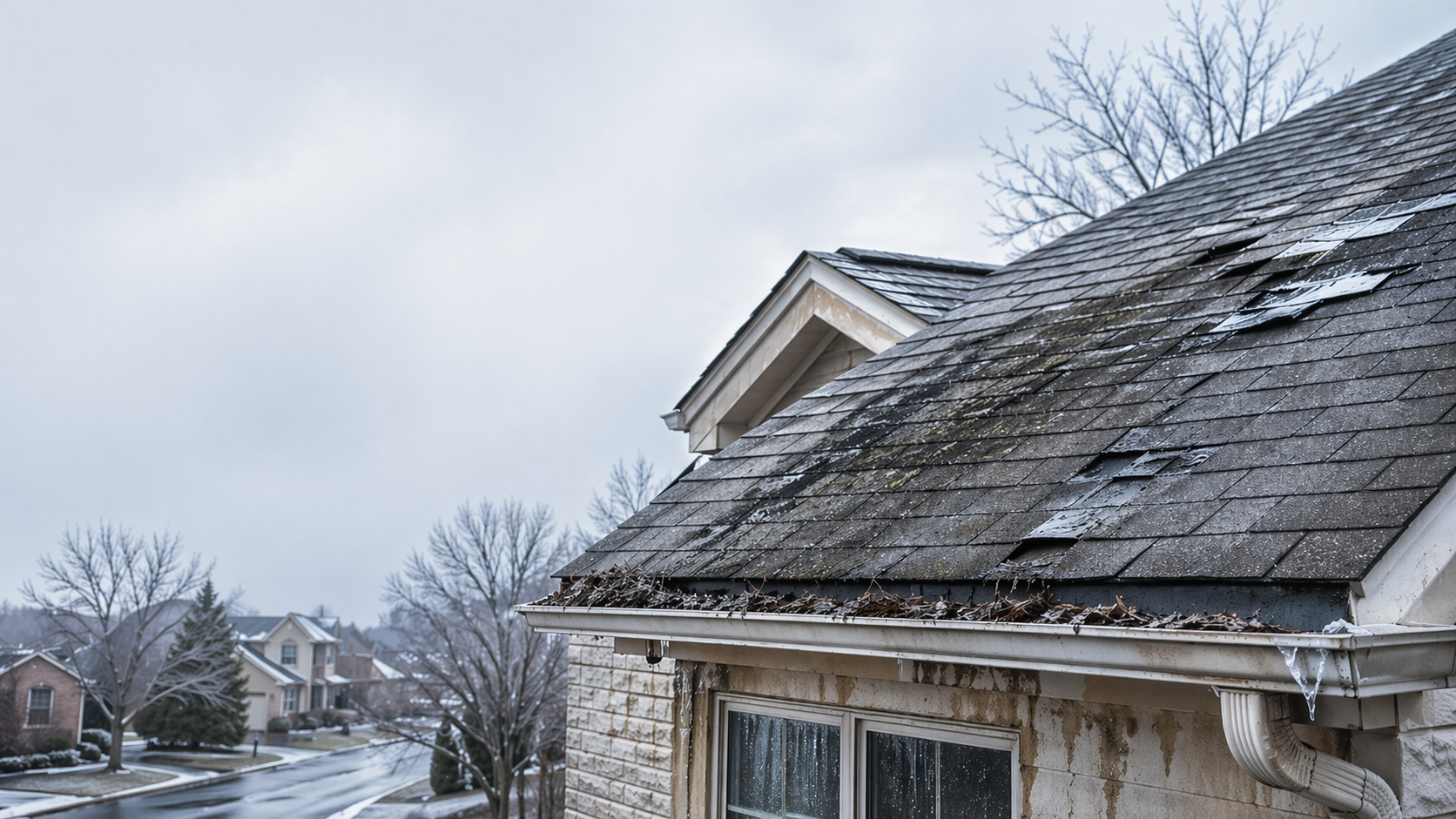 Snow-covered rooftop on a house in a winter neighborhood scene