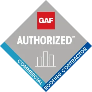 A logo for a gaf authorized commercial roofing contractor