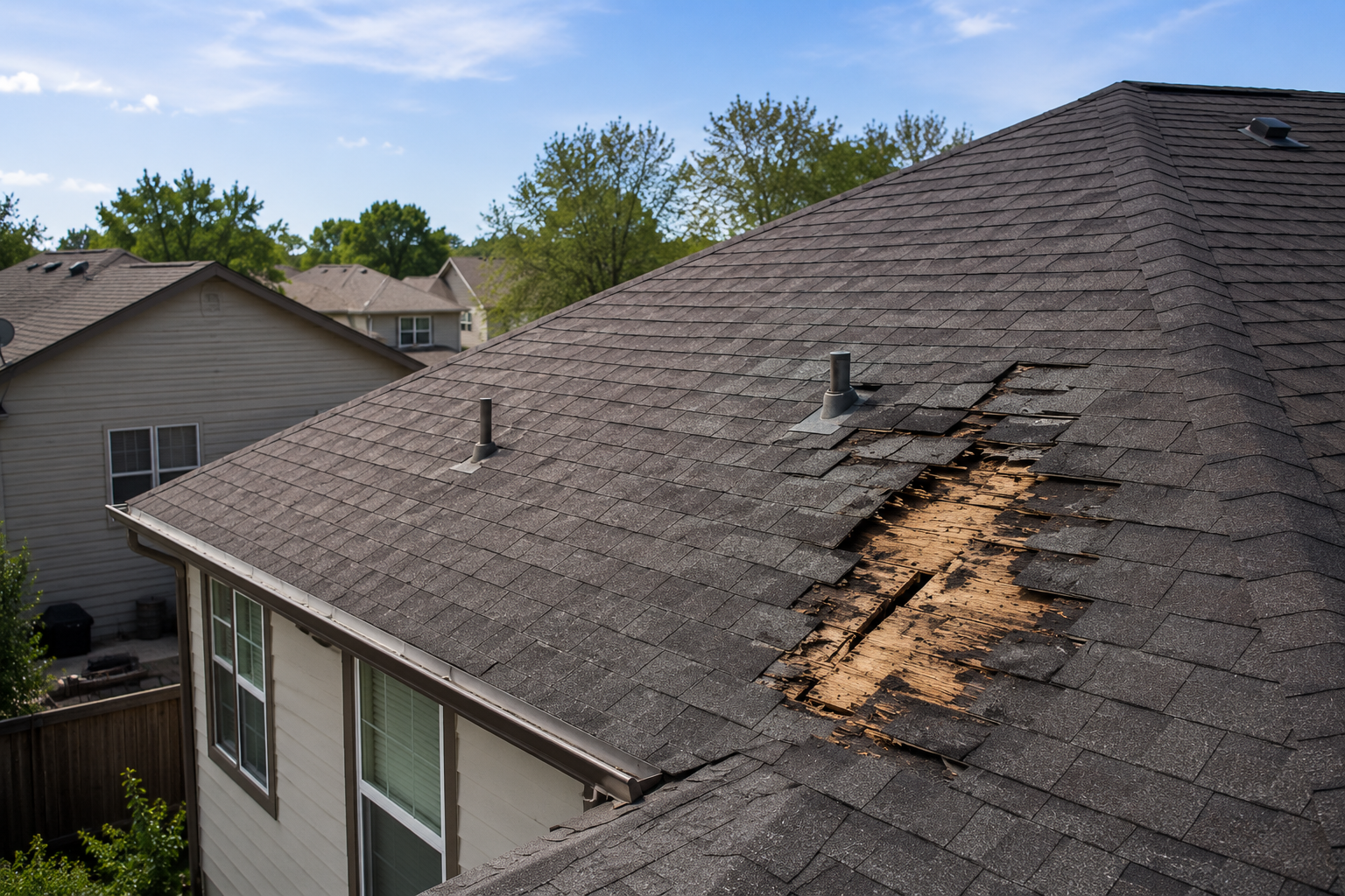 Damaged shingle roof with a large exposed patch and missing shingles on a house