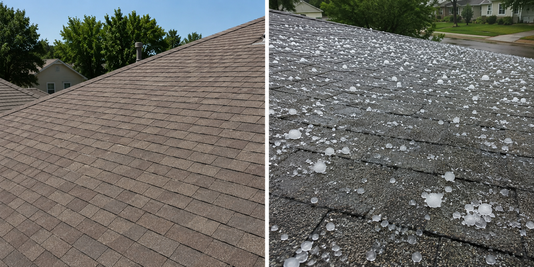 Split view of a shingled roof: intact brown shingles left, weathered shingle damage right