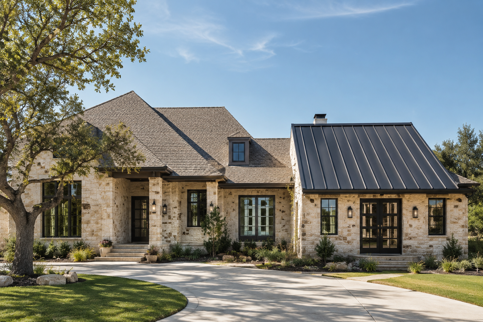 Stone house with beige and dark metal roofs, arched front porch, and a curved driveway under a clear sky