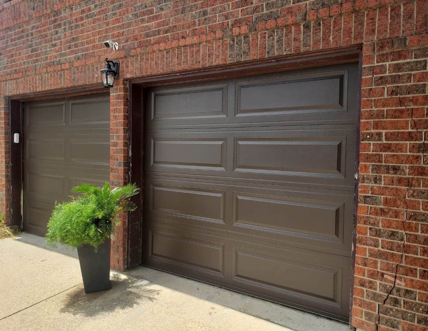 There is a potted plant in front of a garage door.