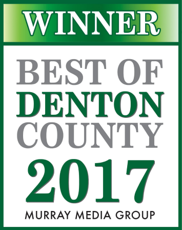 A green and white sign that says winner best of denton county 2017