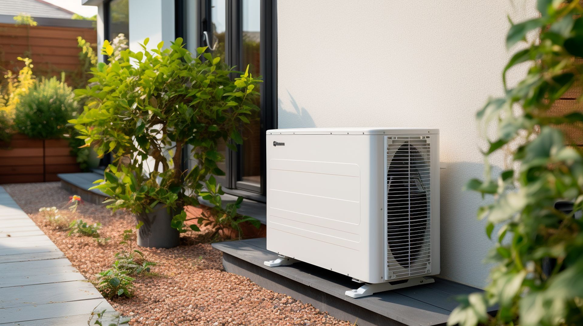 A white air conditioner is sitting outside of a house.