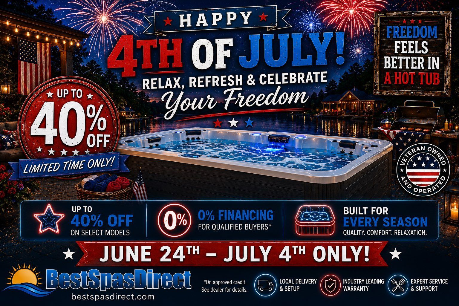 Best Spas Direct Happy 4th of July - Up to 40% Off, 0% Financing, June 24 - July 4 only