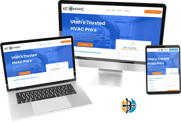 A laptop , computer , and tablet are displaying a website for utah 's trusted hvac pro 's.