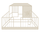 Un disegno di una casa con un balcone e una palma.