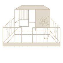 Un disegno di una casa con un balcone e una palma.
