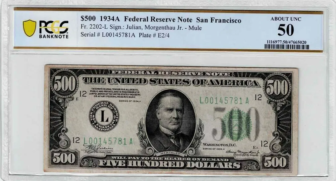 1934A $500 Federal Reserve Mule Note Fr. 2202-L PCGS AU50