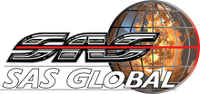 A logo for sas global with a globe in the middle