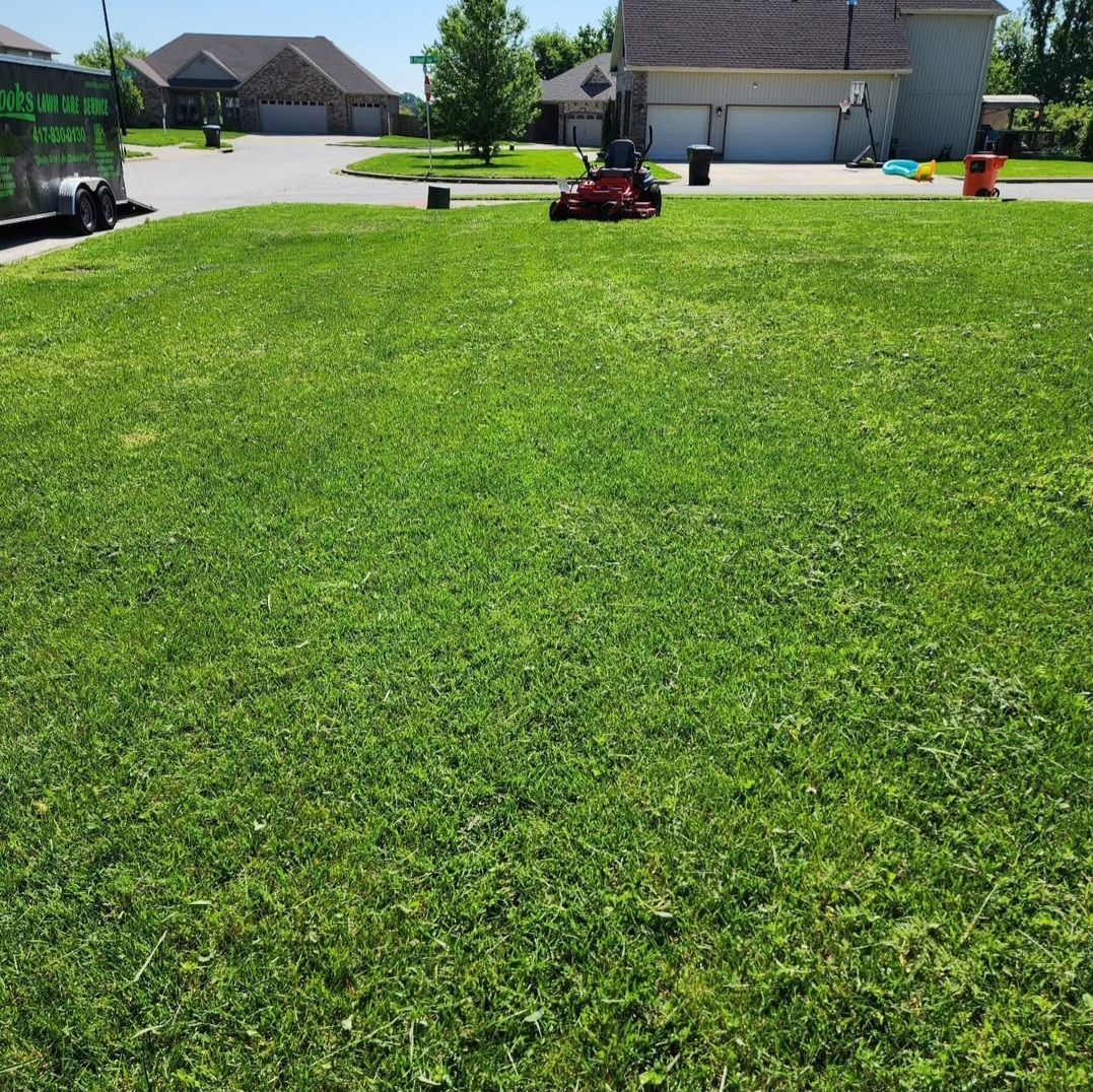 A lawn mower is cutting a lush green lawn in front of a house.
