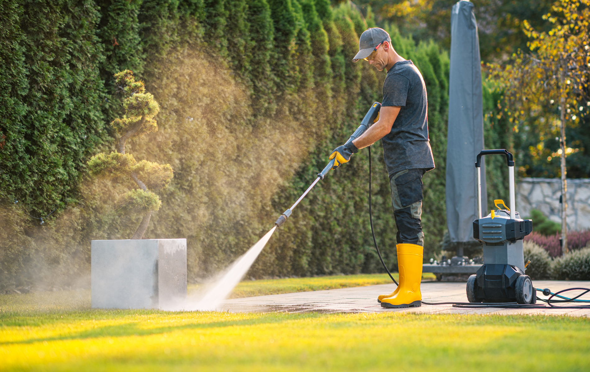 A man is using a high pressure washer to clean a sidewalk.