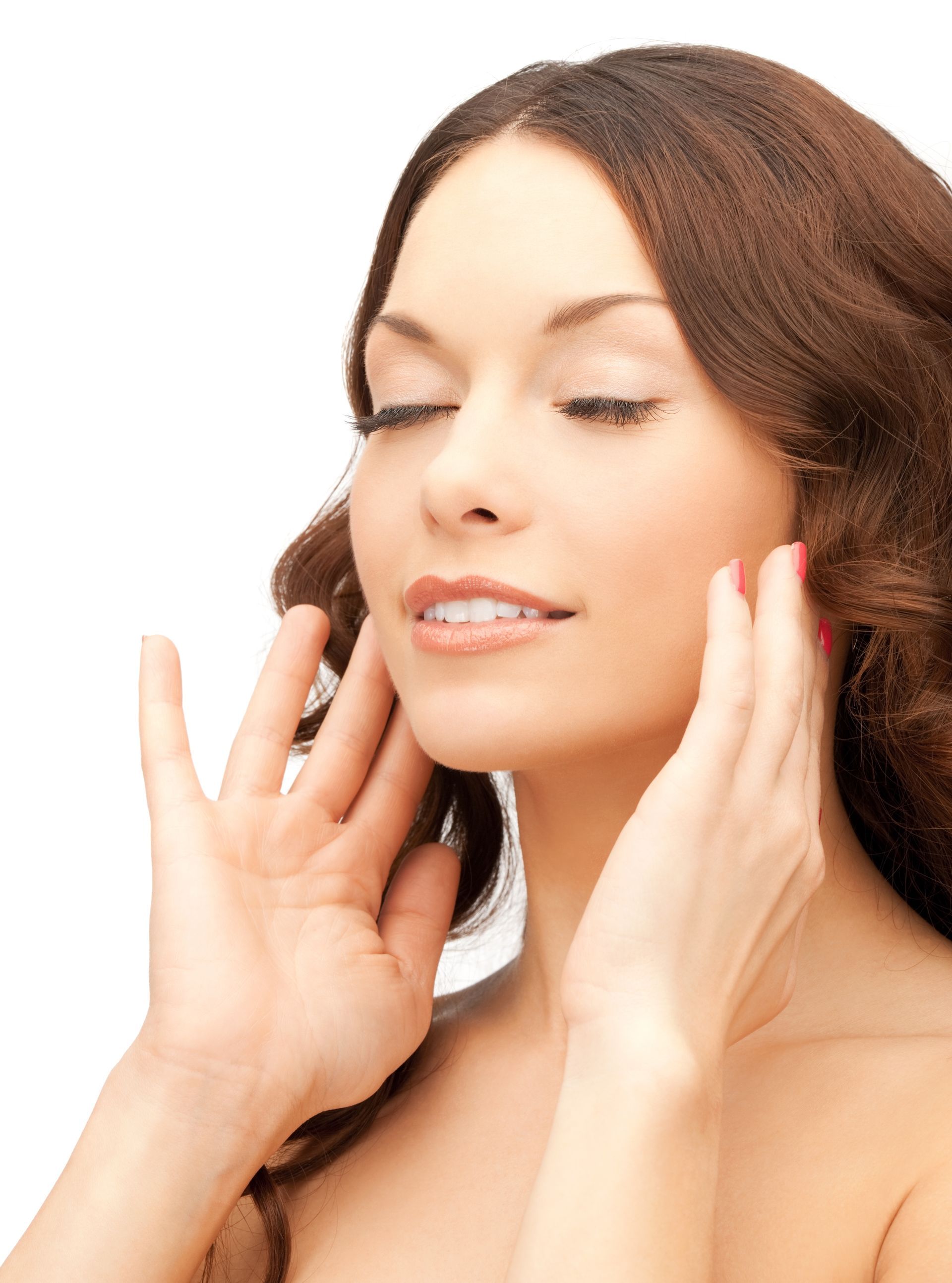 Woman with eyes closed, touching her cheeks.