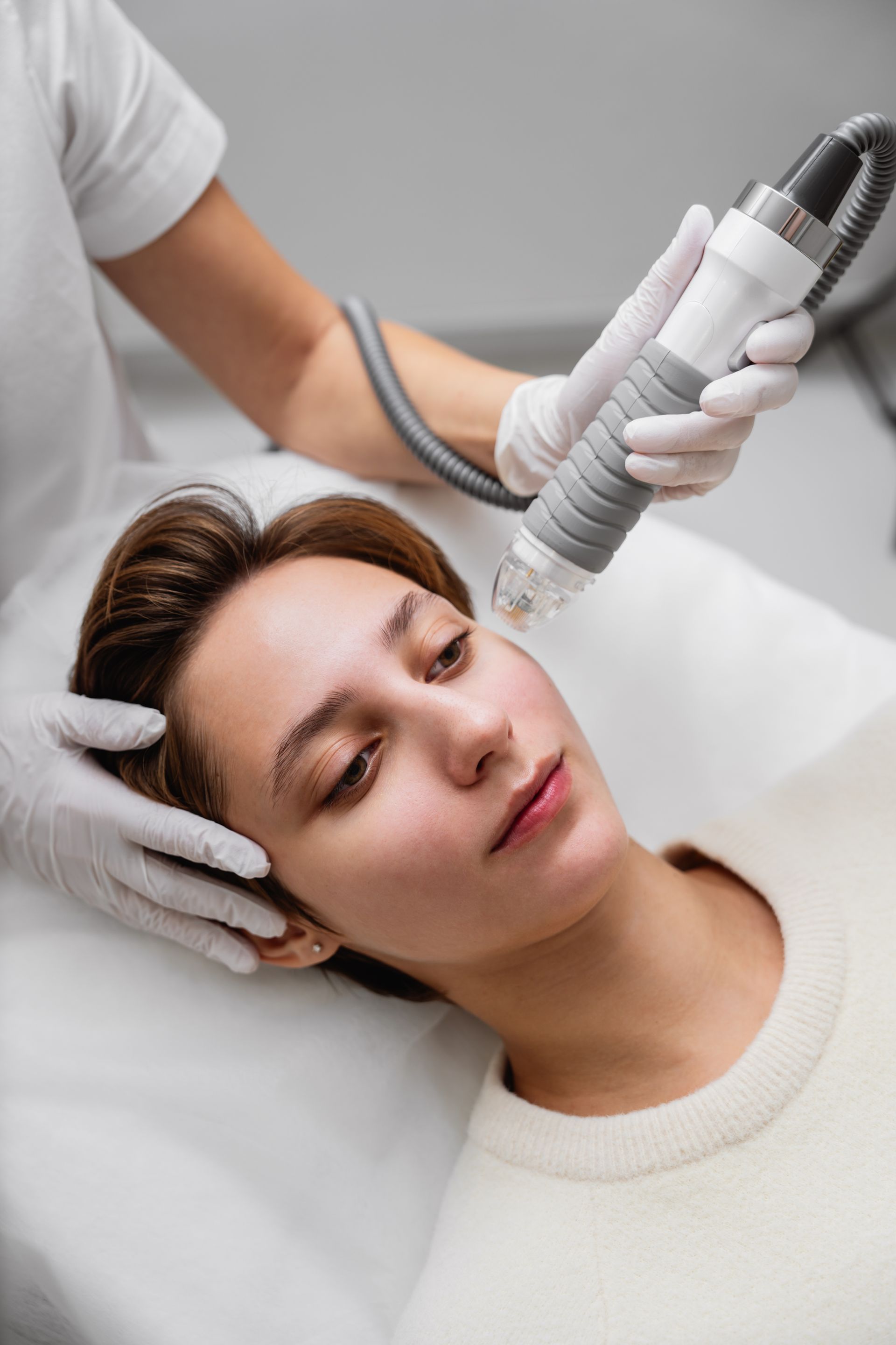 A woman is getting a laser treatment on her face.