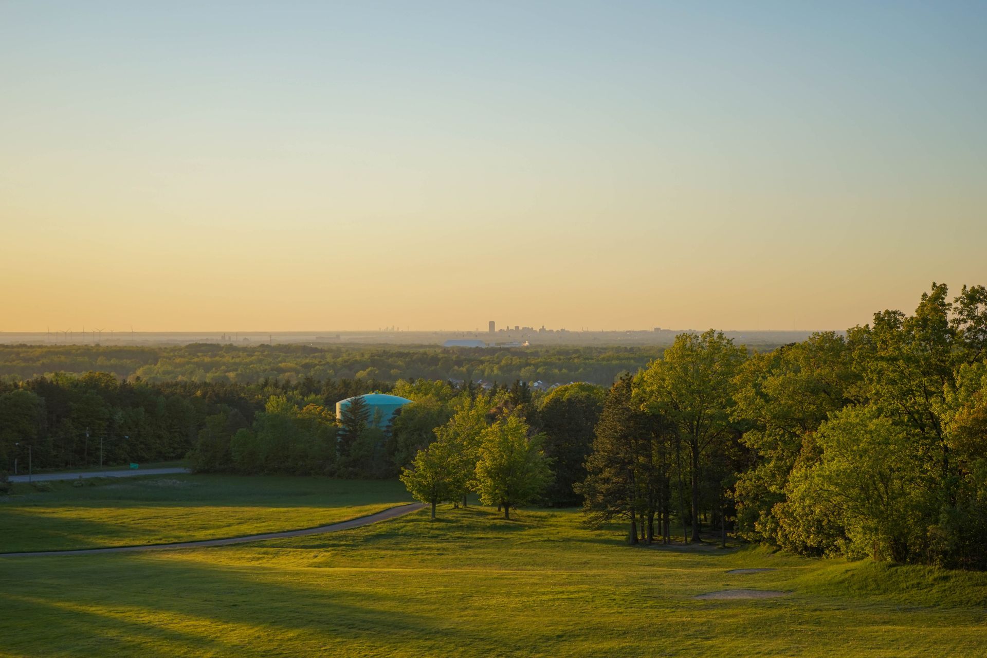 Golden sunset over a field, with trees in the foreground and buildings in the hazy distance.
