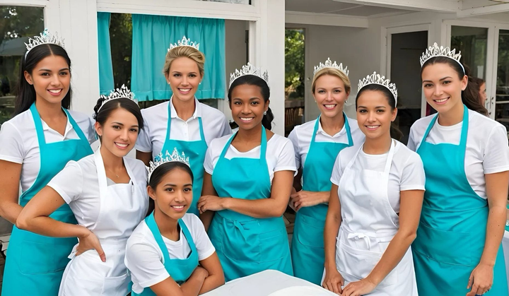 Group of women wearing tiaras and turquoise aprons, smiling, in front of a building.