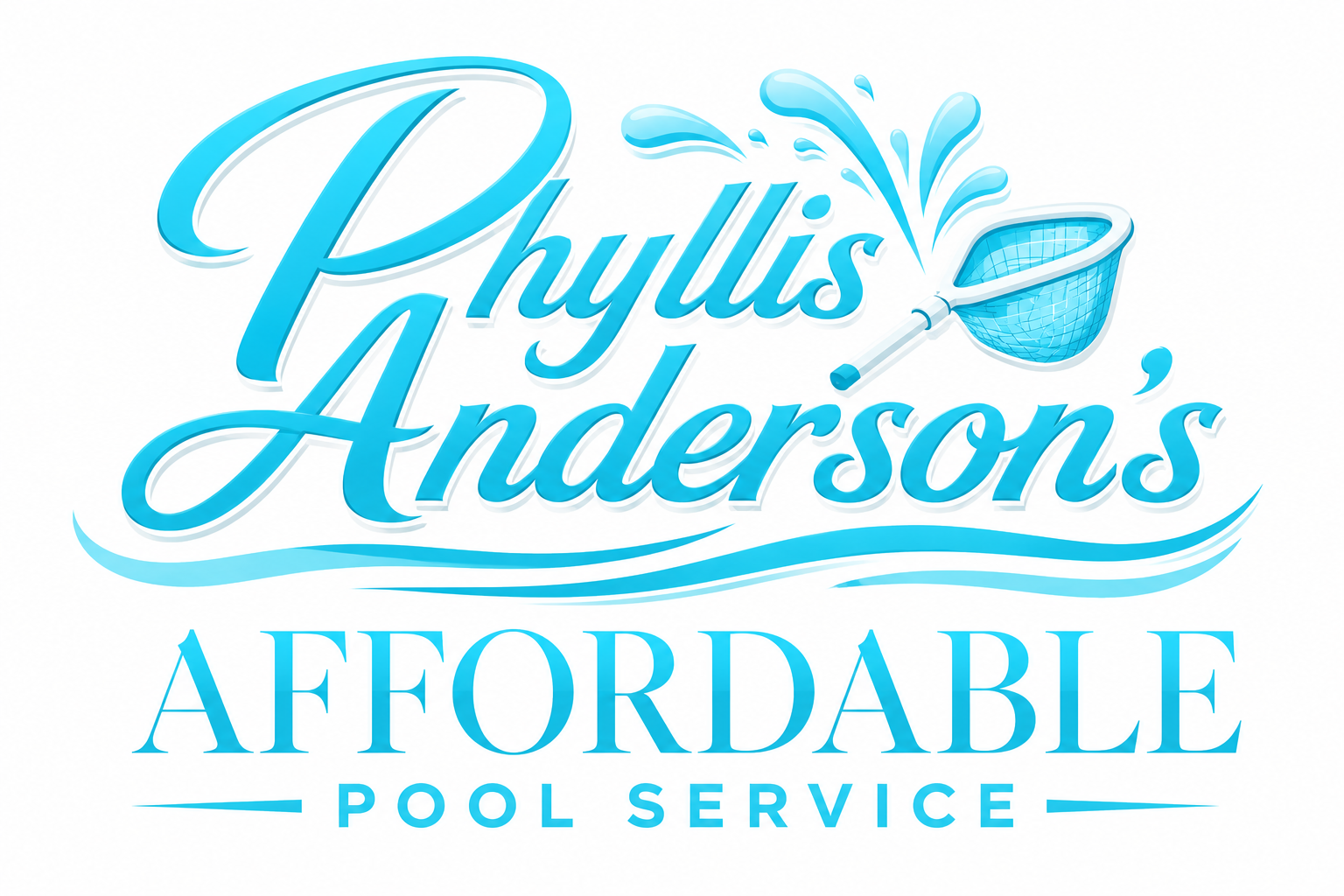 Phyllis Anderson’s Affordable Pool Service logo in blue and aqua script with wave accents